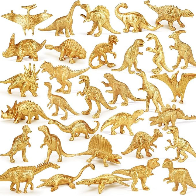 AugToy Gold Plastic Mini Dinosaur Figures Toys 48PCS Party Favors Supplies Birthday Dino Cupcake Toppers Prizes Box Toddler Kids Classroom Goodie Bags Pinata Filler Valentines Day Gifs School