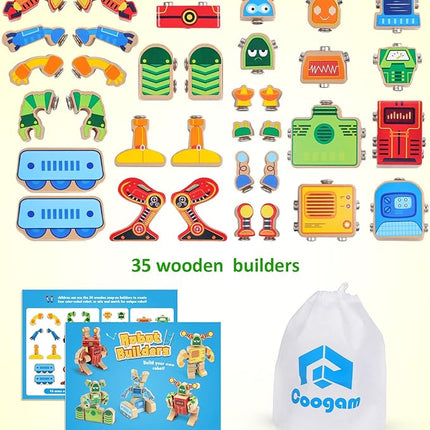 Coogam Fine Motor Building Robot Blocks for 3 4 5 Years Old Kids, Wooden Snap Together Builders, STEM Take Apart Robot Playset, Educational Learning Toy Gift for Boys Girls