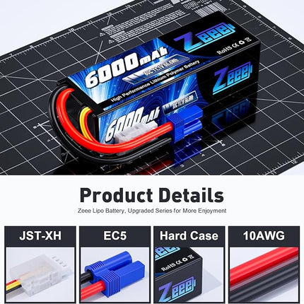 Zeee 3S Lipo Battery 6000mAh 11.1V 80C Hard Case RC Battery with EC5 Plug for RC 1/8 1/10 Scale Vehicles Car Trucks Boats