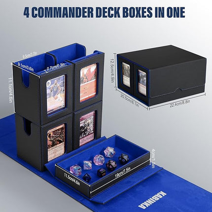 Card Deck Box for MTG with Commander Display, 5 in 1 Card Storage Box Fits 400+ Double-sleeved Cards, Removable Deck Case for TCG/Sports Cards with Dice Tray, 4 Magnetic Card Holders (Black Blue)