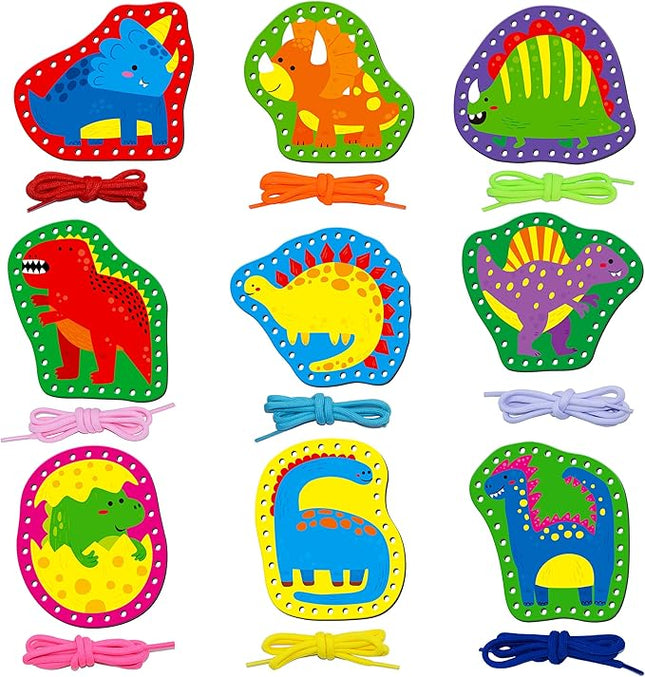 SpriteGru 9 Pieces Kids Lacing Cards, Double Sided Sewing Cards in 9 Dinosaurs with 9 Colorful Laces, Imagination Development Lacing Toys Games for Children Educational and Learning Activity