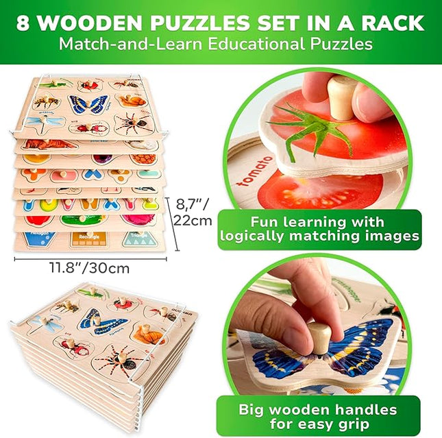 QUOKKA 8 Wooden Puzzles for Toddlers 1-3 - Toddler Montessori Puzzles Ages 2-4 in a Rack - Learning Alphabet, Numbers and Animals Toy for Kids 3-5 - Wood Games Gift for Boys and Girls