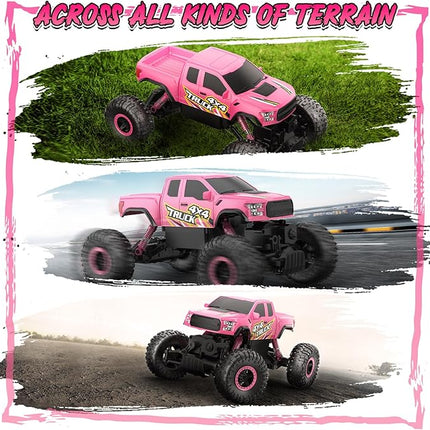 Double E Raptor F150 RC Car 4WD 2 Motors Monster Trucks for Girls, 11 Inches Off Road Crawler Vehicle Truck Toy with Rechargeable Battery Gift for Kids 6 7 8 9 10 11 12 Years-Pink