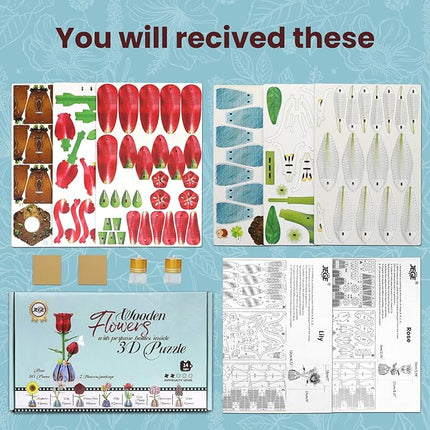 Jege 3D Flowers Wooden Puzzles for Adults,DIY Wooden 2 Flowers per Kit Building Set for Home Decor, Creative Craft Gift Toys Kits with 2 Perfume Bottles and Diffuser Sticks (Rose + Lily)