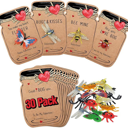 Valentines Day Gifts for Kids - 30 Pack Love Bug Card Bulk 6 Different Bugs Toy - Funny Greeting Valentine Exchange Cards for Boys Girls School Class Classroom Party Favors