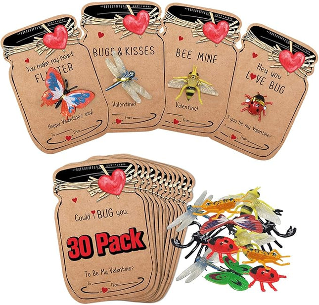 Valentines Day Gifts for Kids - 30 Pack Love Bug Card Bulk 6 Different Bugs Toy - Funny Greeting Valentine Exchange Cards for Boys Girls School Class Classroom Party Favors