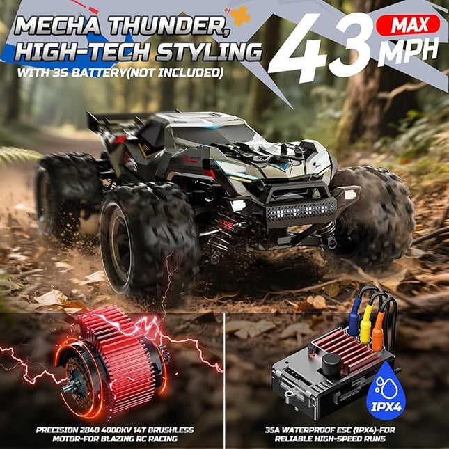 DEERC Brushless Fast RC Cars for Boys & Adults, 55KM/H, 1:18 Off-Road RC Truck, All Terrain 4x4 Racing Mecha Car, 50 Mins, Waterproof Remote Control Monster Truck, Compatible with 3S Battery