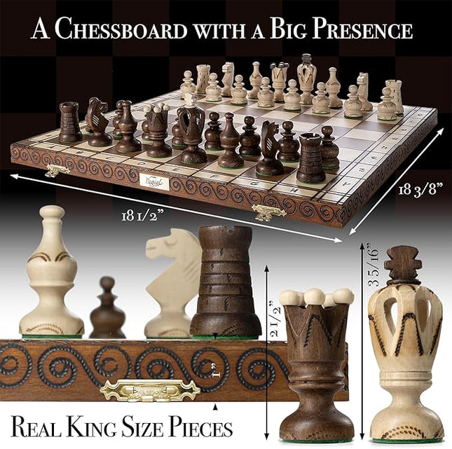 Wegiel Grand Royal Wooden Chess Set for Adults and Kids - 18 Inch Luxury Chess Set, Handcrafted from Premium Beech and Birch Wood - Unique Folding Design with Storage