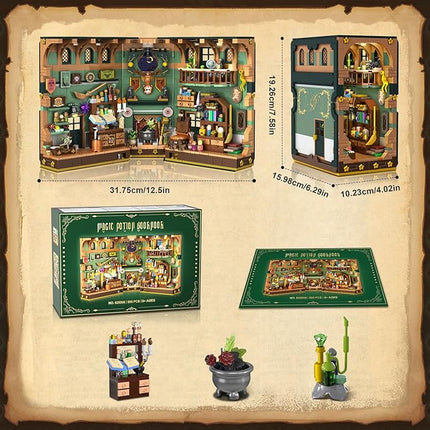 Magic Potion Booknook Building Set with Light, DIY Bookend Building Block Kit for Home Decor Bookshelf, 990 PCS Miniature Book Nook House Building Brick Model for Adults Kids Boys Girls Age 8+