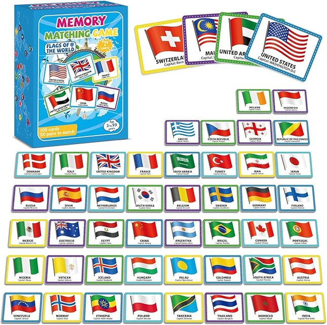 gisgfim 50 Pairs Memory Matching Game Flags of The World Concentration Memory Card for Kids and Adults Learning Educational A Fun & Fast Countries of The World Matching Games