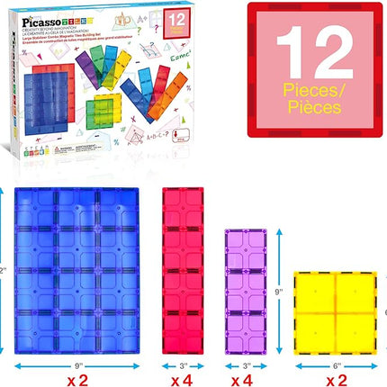 PicassoTiles 12pc Supersized Magnetic Building Tile Base Plate Jumbo XL Foundation Stabilizer Boards STEM Engineering Construction Kit for Kids Educational Learning Toy Magnet Blocks Stacking Set PT12