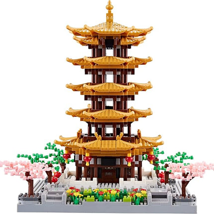Chinese Ancient Famous Architecture Micro Building Blocks Set for Adults Yellow Crane Tower with Sakura Tree Cherry Plants, Toys for Kids Age of 14+ 2200 pcs