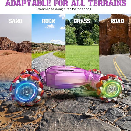 Gesture Sensing RC Stunt Car, Boys Girls Ages 6-12 Birthday Gift Ideas, 4WD Transform Off Road for Rotating Hand-Controlled 2.4Ghz Remote Control Twist Cars with Lights and Music Purple