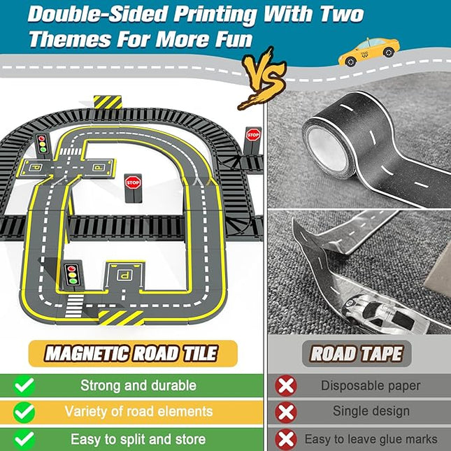 Magnetic Tiles Road & Train Track Expansion Pack Magnetic Building Blocks Construction Kids Toys for Ages 3-12 Boys Girls Building Toys Includes Road Tracks, Traffic Lights, Parking Spot