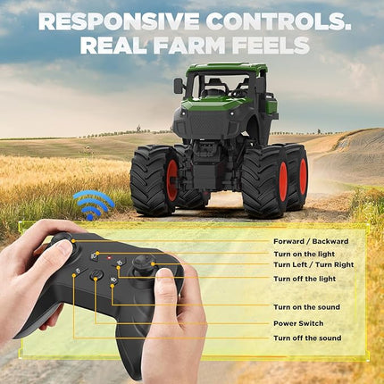 1:16 Remote Control Tractor Toy, RC Monster Truck Toys, 2.4GHz Farm Cars with 2×800mAh, LED Lights, Realistic Working Sounds, Green Toy Vehicle Birthday Gift for Kids Boys Girls 4-12 Year Old