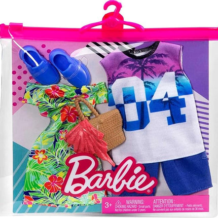 Barbie & Ken Fashions 2-Pack Clothing & Accessories Set, 1 Tropical Dress & Tote for Barbie Doll & 1 Tropical Shirt & Shorts Outfit with Shoes for Ken Doll