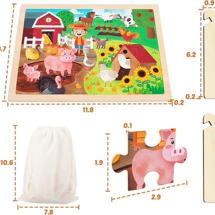 SYNARRY 24 Pieces Puzzles for Kids Ages 3-5, Farm Wooden Jigsaw Puzzles with Storage Tray, Educational Preschool Puzzles Toys Set for Toddler, Easter Basket Stuffers Valentines Day Gifts for Kids