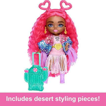 Barbie Extra Fly Minis Travel Doll, Desert Festival Look with Magenta Hair in Fringe Jacket, Dress & Accessories, 5.5-inch
