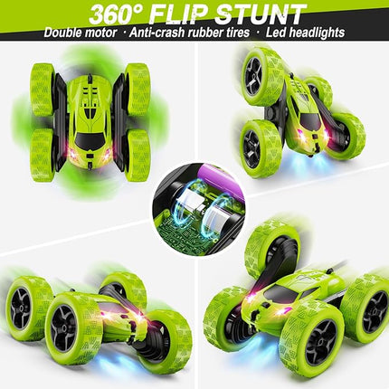 Remote Control Car for Kids Ages 6+, RC Cars Stunt Car Toy 4WD Double Sided 360° Rotating Remote Control with Headlights, Birthday Xmas Gifts for Boys 6 7 8 9 10 11 12 Green