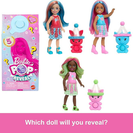 Barbie Chelsea Pop Reveal Doll Set, Shakes Series with 5 Surprises Including Scented Small Doll, Pop-It Pet & Color Change (Styles May Vary)