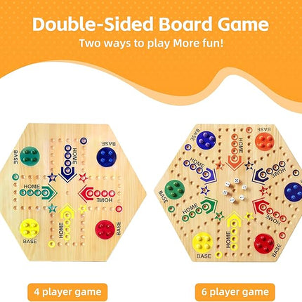 Wooden Board Game, Original Marble Game Double Sided Painted 2 to 6 Player Fast Track Board Game Wooden with 6 Colors 24 Marbles 6 Dice for Adults Kids Family(20 INCH)