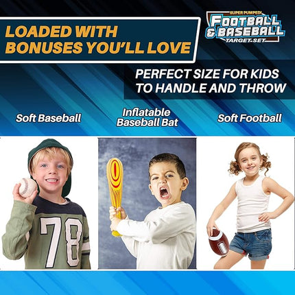 Super Pumped! Inflatable Double-Sided Baseball & Football Target Set - Blow Up Toy with Soft Football, Baseball & Inflatable Bat - Fun Toss Games for Indoor, Outdoor, Backyard & Party Favor - 5 Feet