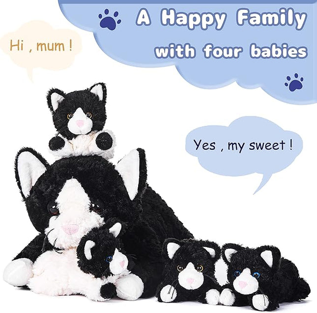 IKASA Mommy Cat Stuffed Animal Mom and Baby Plush Toy,Cute 16" Soft Cuddly Huggable Toys with Little Mini Babies Kitten,Gifts for Kids Girls Boys