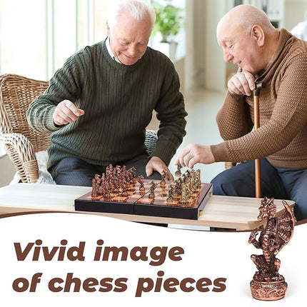 Vintage Figurine Chess Set for Adults and Kids - Wooden Board With Metal Pieces - Travel Chess Set - Collectible Elegant Game - Family Vintage Board Game