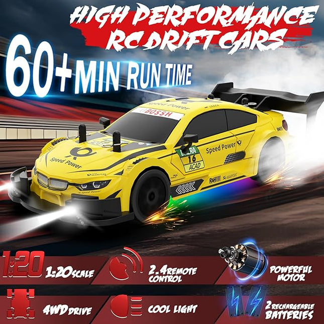 RC Drift Car 1:20 Scale Remote Control Cars 2.4GHz 4WD High Speed RTR Racing Vehicle with LED Lights 2 Rechargeable Batteries and Drifting Tires Racing Sport Toy Car for Adults Kids Boys Girls