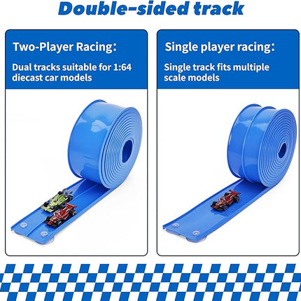 15 Ft Flexible Race Car Track for Kids, Double-Sided Racetrack with Suction Cups, Compatible with Hot Wheels & 1:64 Diecast Cars,Portable Roll Up Track Toy,Gift for Boys Girls Ages 3+ (Blue)