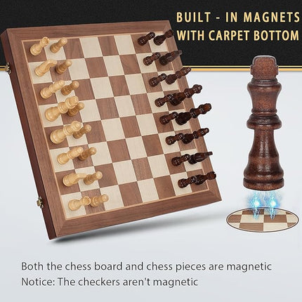Magnetic Wooden Chess Set, 15" Folding Chess Board with 2 Extra Queens, Portable Travel Chess Set with Pieces Storage Slots, Beginner Chess Board Game for Adults & Kids