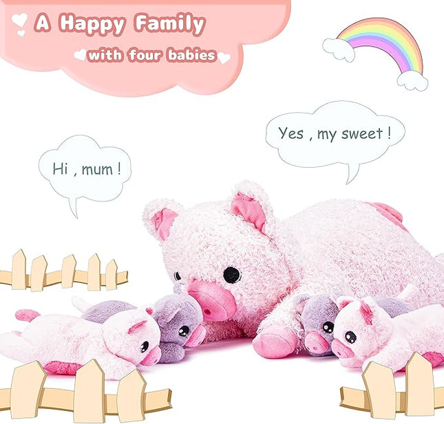 IKASA Mommy Pig Stuffed Animal Mom and Baby Plush Toy,Cute 16" Soft Small Fluffy Mama Family Set Toys with Little Mini Babies,Gifts for Kid