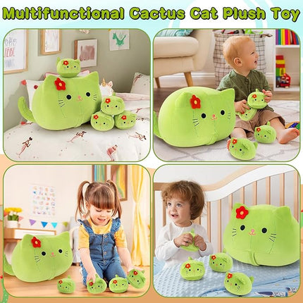 5 PCS Cactus Cat Plush Stuffed Animal Family-19" Soft Cactus Cat Plush, Large Mommy Plushies with 4 Baby Kittens Plushies for Kids, Kawaii Plush Toy Christmas Birthday Gifts for Kids Boys Girls