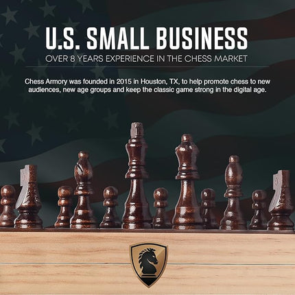 Chess Armory Wooden Chess Set 15 Inch - Premium Walnut Wood Handcrafted Game Board for Adults and Kids with Extra Queen Pieces and Storage Box - Ideal for Home and Travel - Non-Magnetic