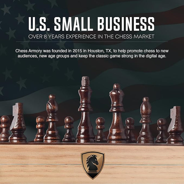 Chess Armory Wooden Chess Set 15 Inch - Premium Walnut Wood Handcrafted Game Board for Adults and Kids with Extra Queen Pieces and Storage Box - Ideal for Home and Travel - Non-Magnetic