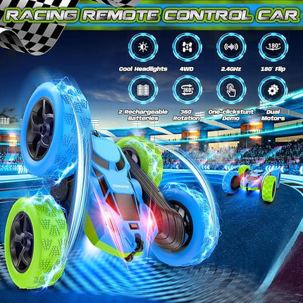 Remote Control Car for Kids Ages 6+, RC Cars Stunt Car Toy 4WD Double Sided 360° Rotating Remote Control with Headlights, Birthday Xmas Gifts for Boys 6 7 8 9 10 11 12
