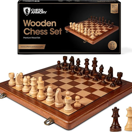Chess Armory Wooden Chess Set 15 Inch - Premium Sapele Wood Handcrafted Game Board for Adults and Kids with Extra Queen Pieces and Storage Box - Ideal for Home and Travel - Non-Magnetic