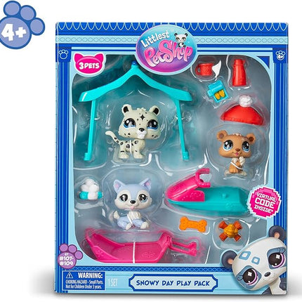 BANDAI Littlest Pet Shop Snow Day Set BF00534 Includes 3 Pets, 3 Accessories, 1 Collector Card, 1 Virtual Code, 1 Snowmobile, 1 Sled, Generation 7 (#107, #108, #109),4 Years+