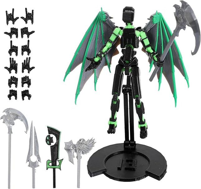 T13 Action Figure & Titan 13 Toys Green（3D Printed Action Figures Assembly Completed）（Multi-Jointed Movable）（Angel Designs Includes Various Accessories） Dummy 13 T 13 Figures Desk Decoration 5.5in