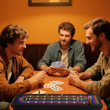 Wooden Cribbage Board Game Set with Metal Pegs and 2 Decks of Playing Cards, Travel Cribbage Board with Card Storage, Magnetic Lock, Classic Continuous 3 Track Cribbage Set for Family