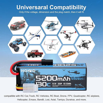 HOOVO 3S Lipo Battery,5200mAh 130C 11.1V Lipo Batteries Pack Hardcase with TR Plug,RC Battery for RC Car,Boat,Truck,Truggy Racing Hobby FPV Racing Model, 2 Pack