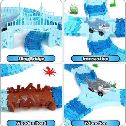 264 PCS Shark Race Tracks for Kids Toys, Glow in The Dark Magic Toy Set, 2 Shark Cars Track, Flexible DIY Track Set, Birthday Gift for Age 3-9 Boys Toddler Girls