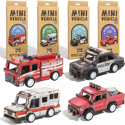 3D Wooden Puzzle Car Kits - Creative Model Car Kits & STEM Kits for Kids, Fun Educational Building Toys for Kids Ages 4-12, for Young Builders & Engineers (4 Pack)