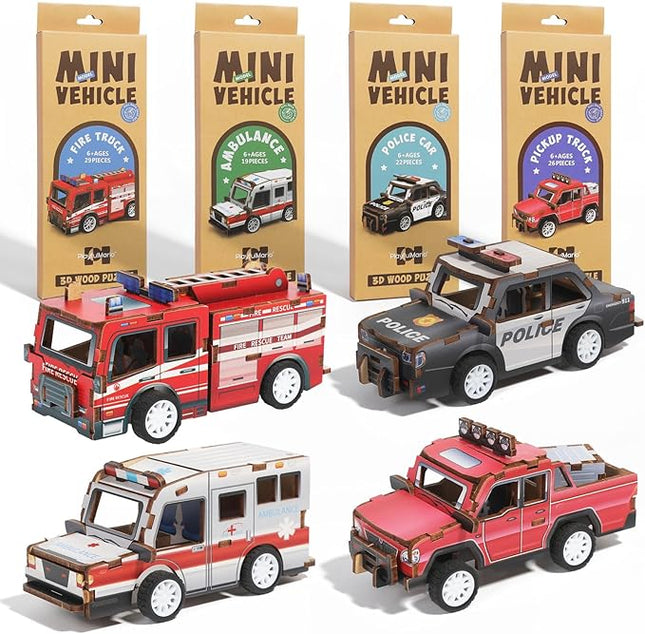 3D Wooden Puzzle Car Kits - Creative Model Car Kits & STEM Kits for Kids, Fun Educational Building Toys for Kids Ages 4-12, for Young Builders & Engineers (4 Pack)