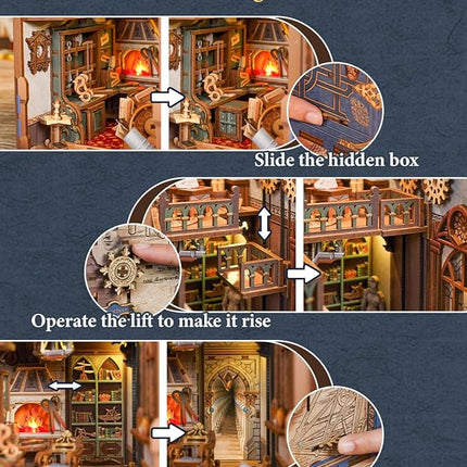 Tonecheer DIY Book Nook Kit for Adults, 3D Puzzle Wooden Miniature House Kit, Booknook Dollhouse Bookshelf Insert Decor Bookend with Dust Cover and LED Lights Gifts (Leonardo da Vinci)
