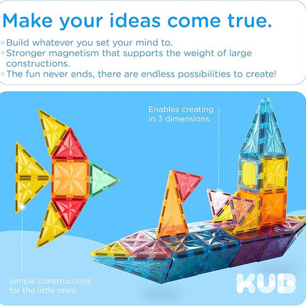 KUB 121 Pcs Magnetic Tiles Creative Toys, 3D Building Magnet Blocks Set, STEM Educational Kids Gifts for Boys Girls Over 3 Years Old, Montessori Preschool Learning