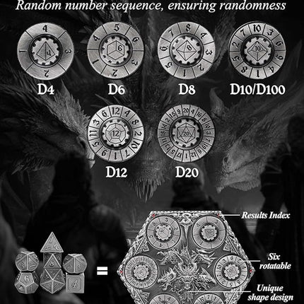 7 in 1 DND Spinner Dice Set Role Playing Board Games Accessories Good Choice Accessories for DM, Gamer and Collector (Ancient Silver)