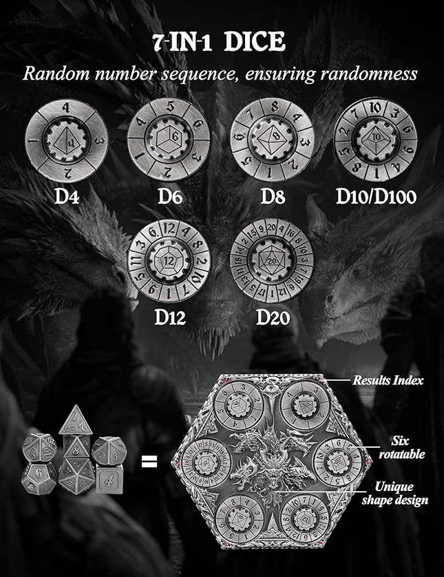 7 in 1 DND Spinner Dice Set Role Playing Board Games Accessories Good Choice Accessories for DM, Gamer and Collector (Ancient Silver)