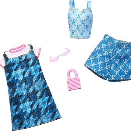 Barbie Fashions Clothing Set, 2 Denim Outfits for Fashion Doll Include Dress, Top & Shorts & 2 Accessories