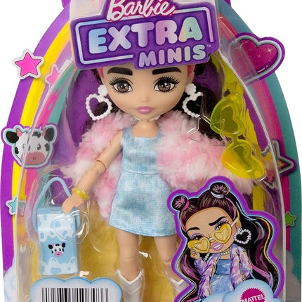 Barbie Extra Minis Doll & Accessories with Brunette Hair & Brown Eyes, Wearing a Pink Faux Fur Coat & Purse, 5.5-inch